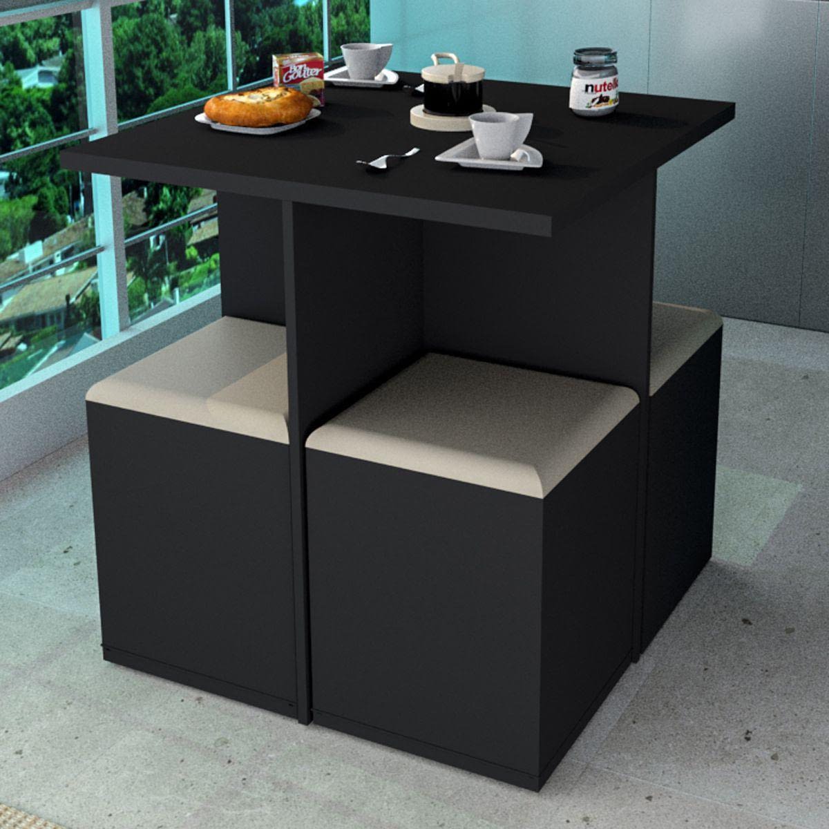 Juego Comedor + Bancos Negro Y Beige - MundoTrabajo