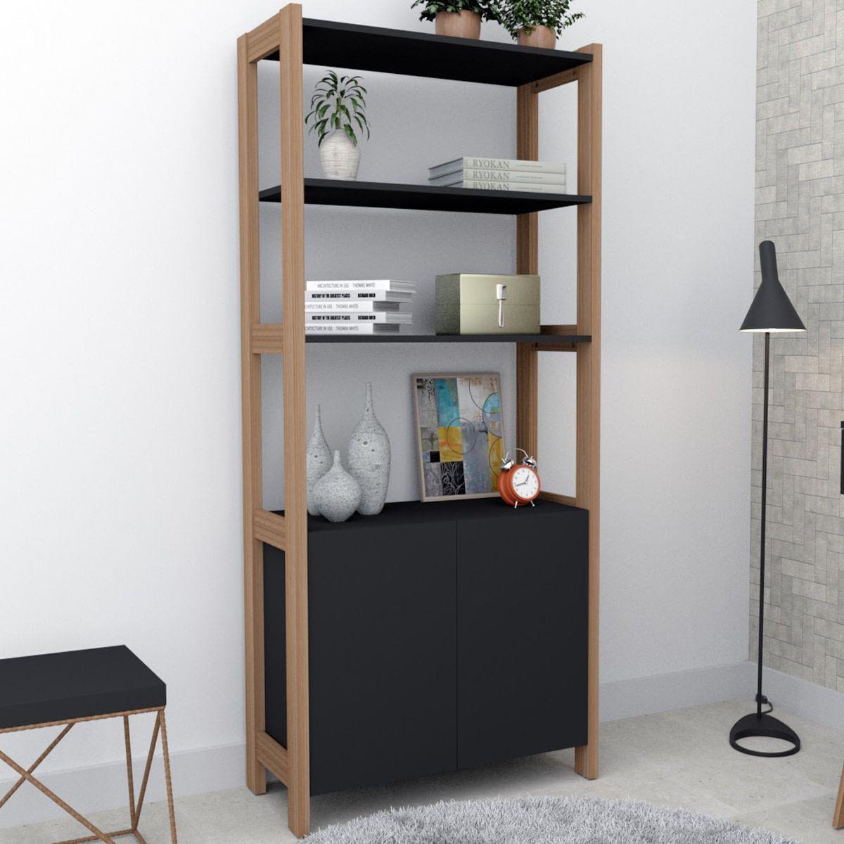 Biblioteca Multiuso Armario Negro Y Castaño - MundoTrabajo