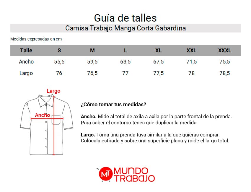 Guía de talles Camisa De Trabajo Manga Corta