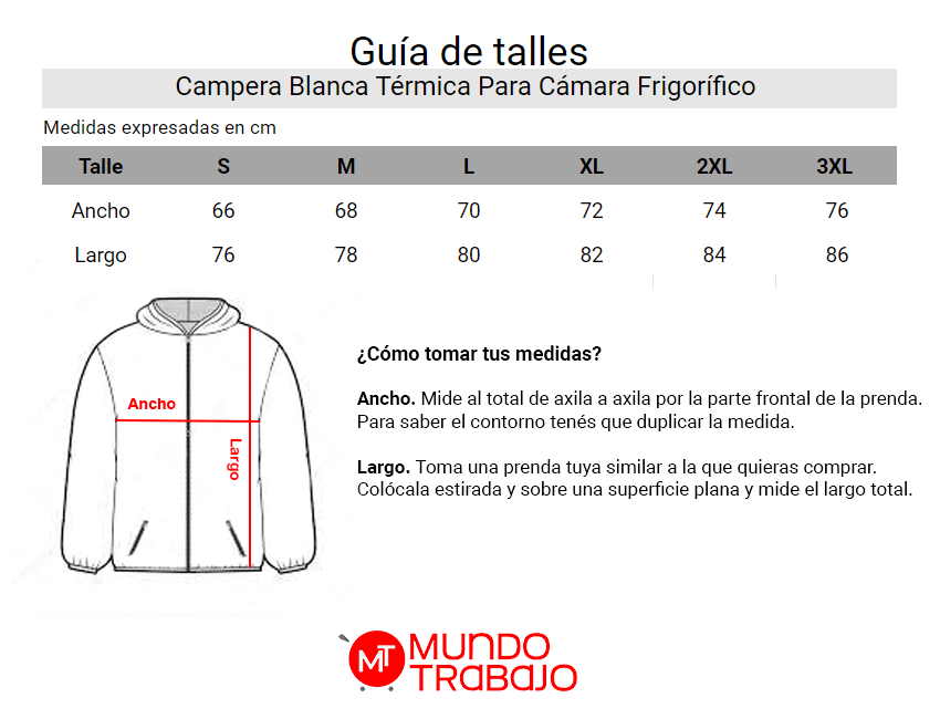 Guía de talles Campera Blanca Térmica Para Cámara Frigorífico