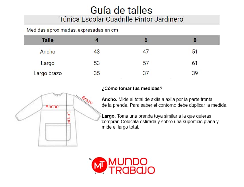 Guía de talles Túnica Escolar Cuadrille Pintor 