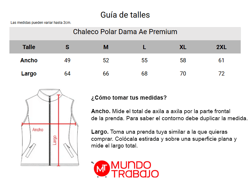 Guía de talles Chaleco Polar Dama Ae Premium Negro