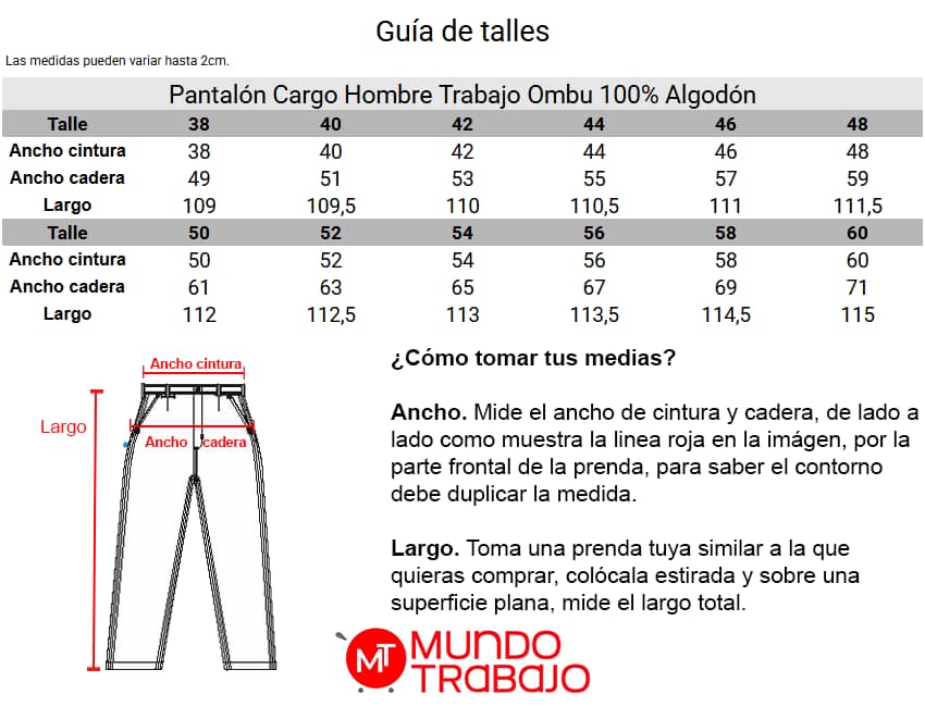 Guía de talles Pantalón Cargo Hombre Trabajo Ombu 100% Algodón
