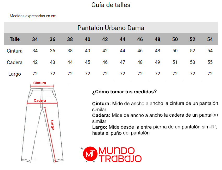 Guía de talles Pantalón Urbano Dama AE
