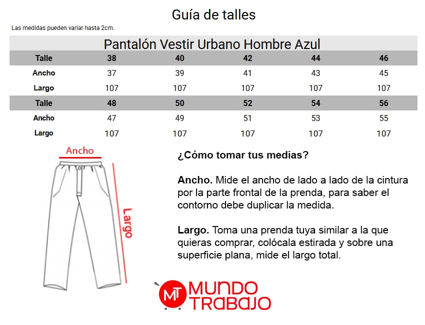 Guía de talles Pantalón Vestir Urbano Hombre Azul 