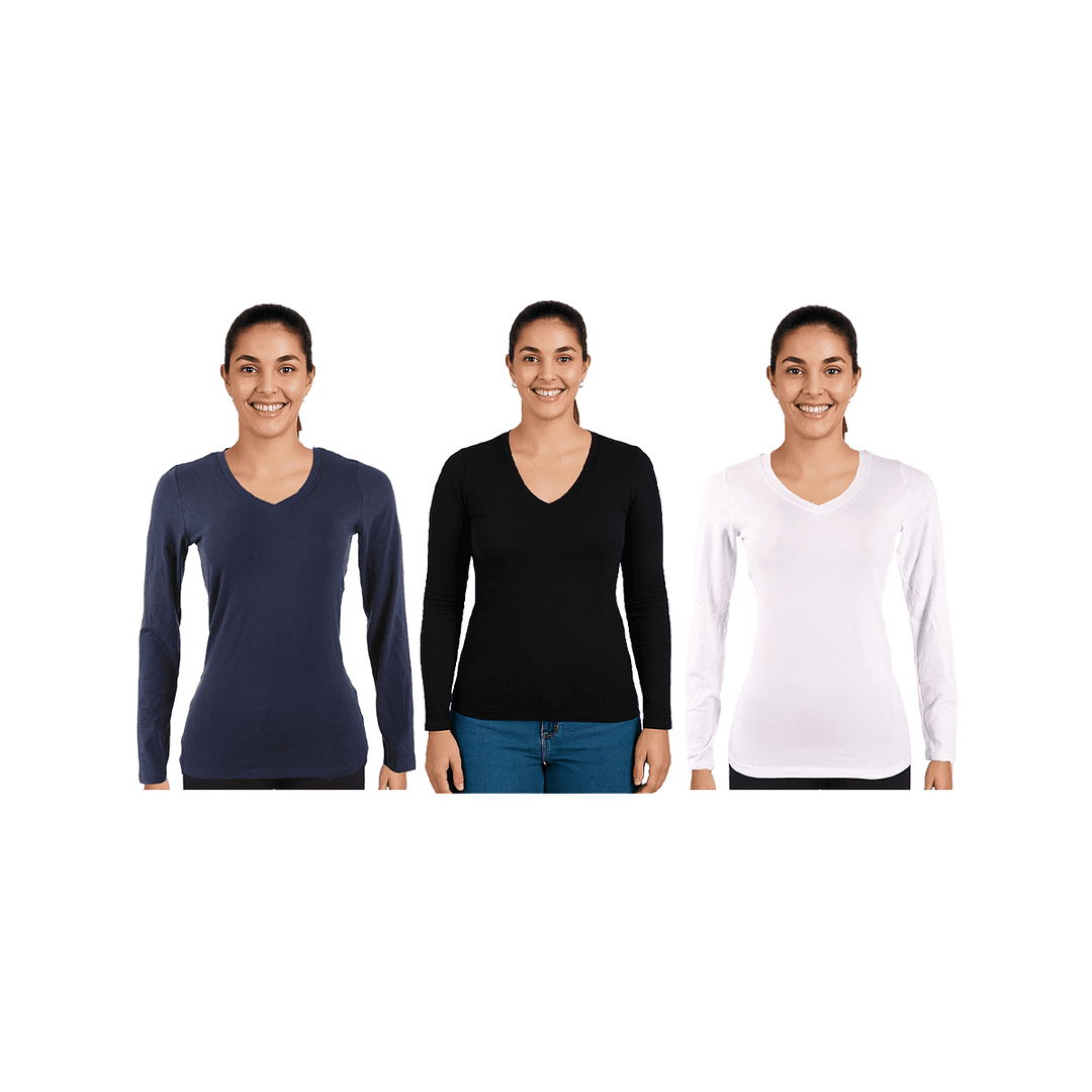 Remera Básica Mujer Lady Escote En V Manga Larga MundoTrabajo