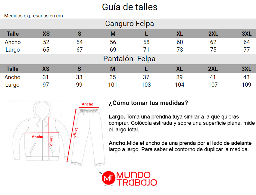 Guía de talles Conjunto Combo Deportivo Pantalón + Canguro