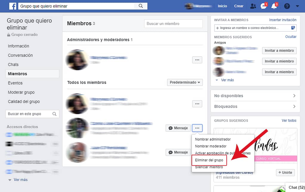 Elimina cada miembro haciendo clic en los tres puntos y luego, eliminar del grupo