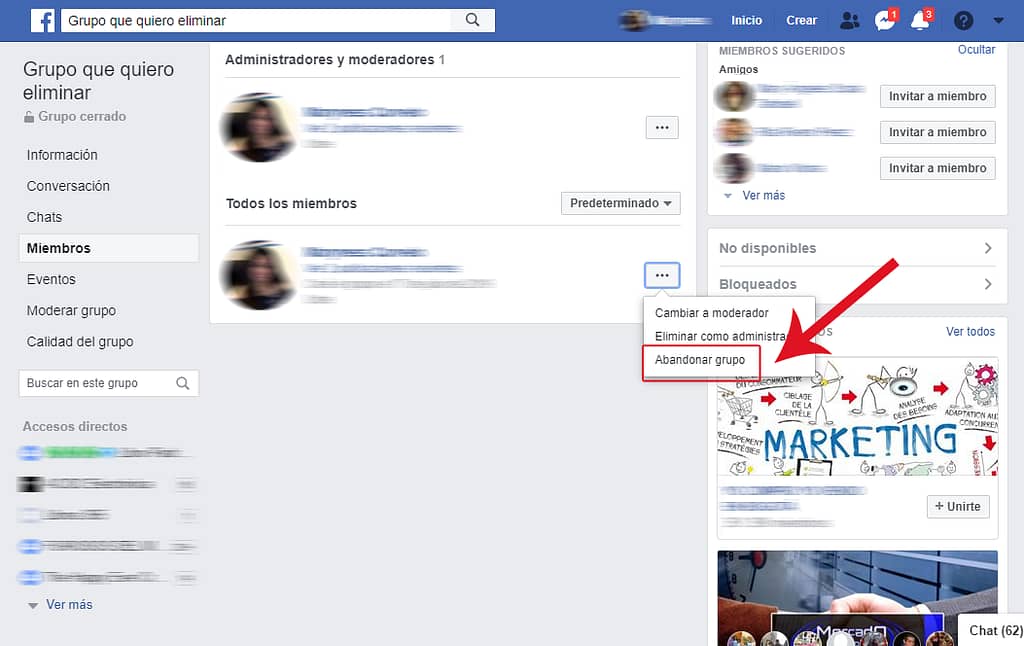 Por último, clicá en los tres puntos junto a tu nombre y luego en "Abandonar grupo" para borrar un grupo de Facebook