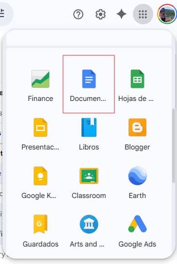 Menú de apps - Google Docs