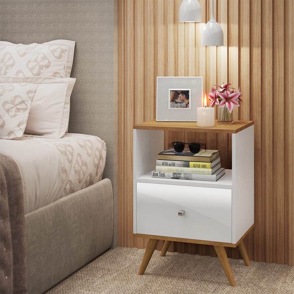 Mesa De Luz 1 Cajon Mdp Patas De Madera Linea Retro - Imagen 2