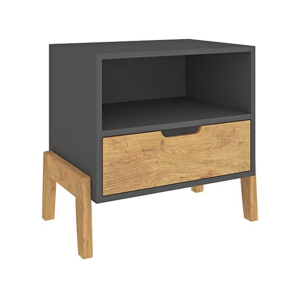 Mesa De Luz 1 Cajon Frente De Madera Y Patas Linea Retro Grafito