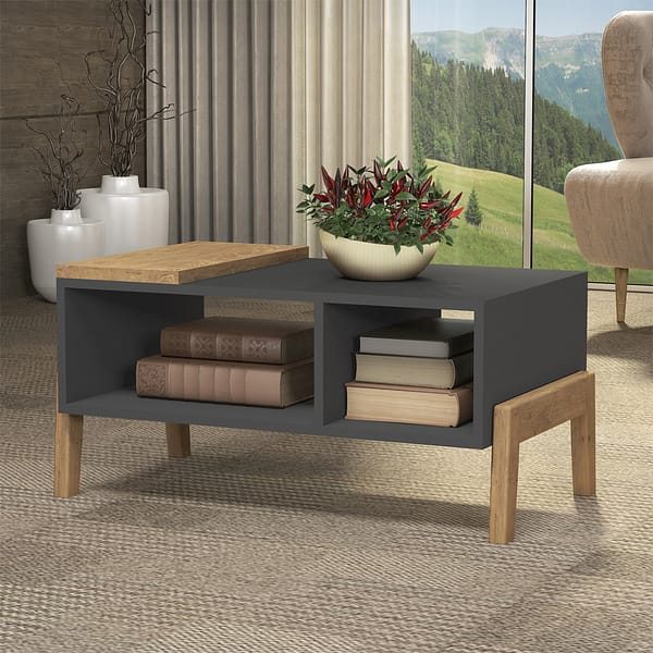 Mesa De Centro Living Con Patas De Madera Linea Retro Grafito - Imagen 2