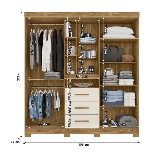 Ropero 5 Puertas 3 Cajones Con Comoda Espejo Y Estantes Freijo Off White - Imagen 3
