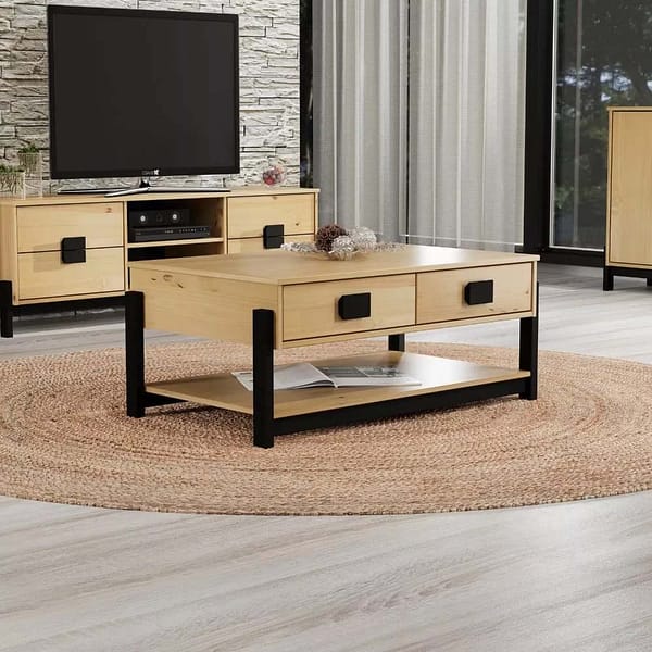 Mesa De Living 2 Cajones Madera Maciza Pino Encerado - Imagen 6