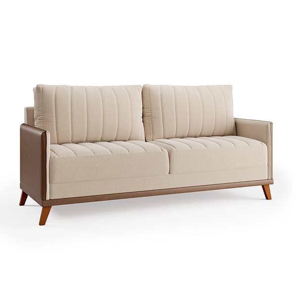 Sofa 3 Cuerpos Tapizado Cuero Y Tela Patas De Madera