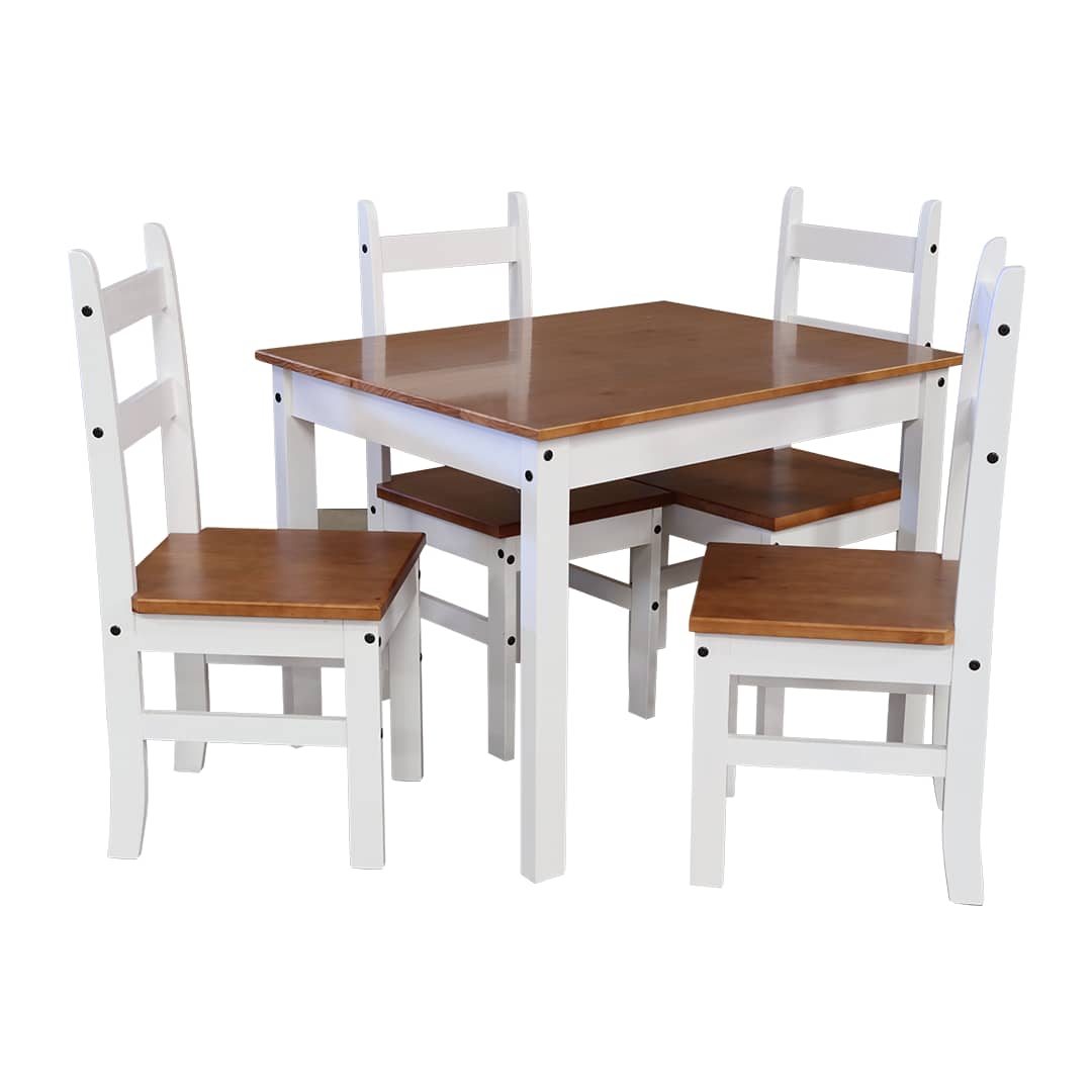 Juego comedor estilo nórdico, mesa rectangular, 4 sillas con cojín