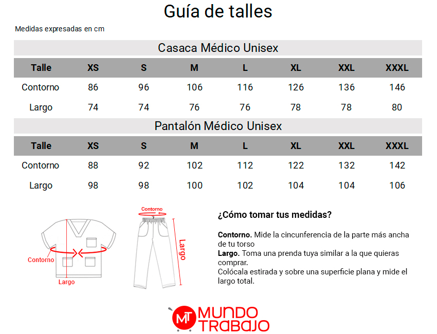 Guía de talles Conjunto Médico Unisex Casaca Y Pantalón