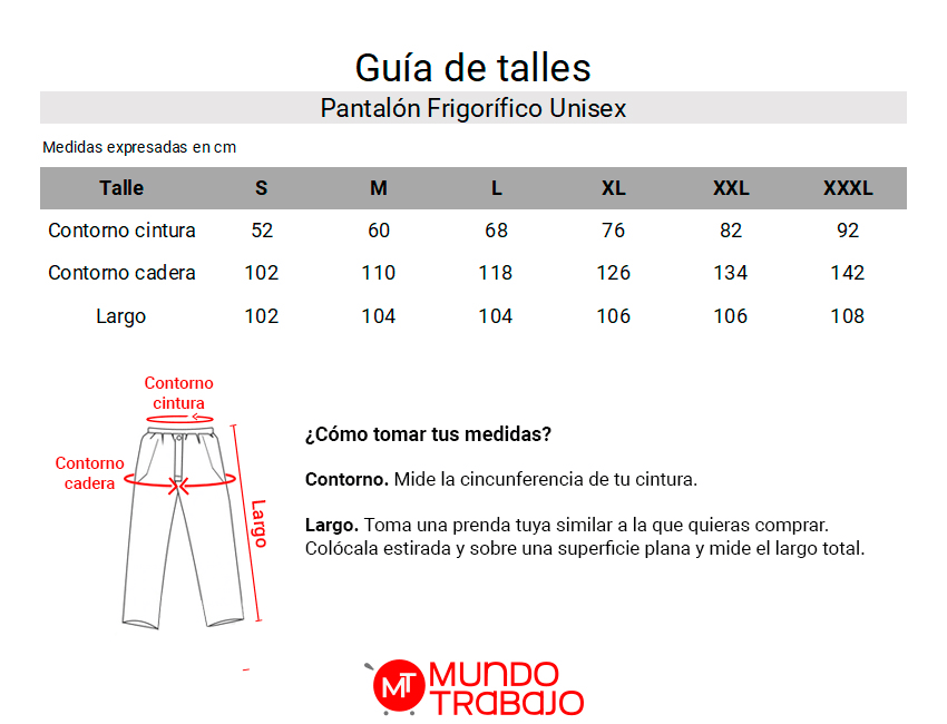 Guía de talles Pantalón Frigorífico Unisex AE