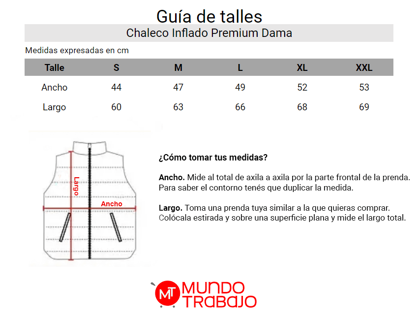 Guía de talles Chaleco Inflado Premium Dama
