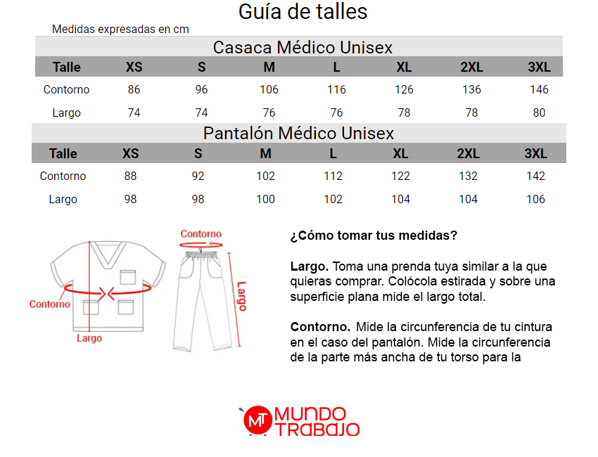 Guía de talles Conjunto Médico Enfermero + Zapato Blanco 