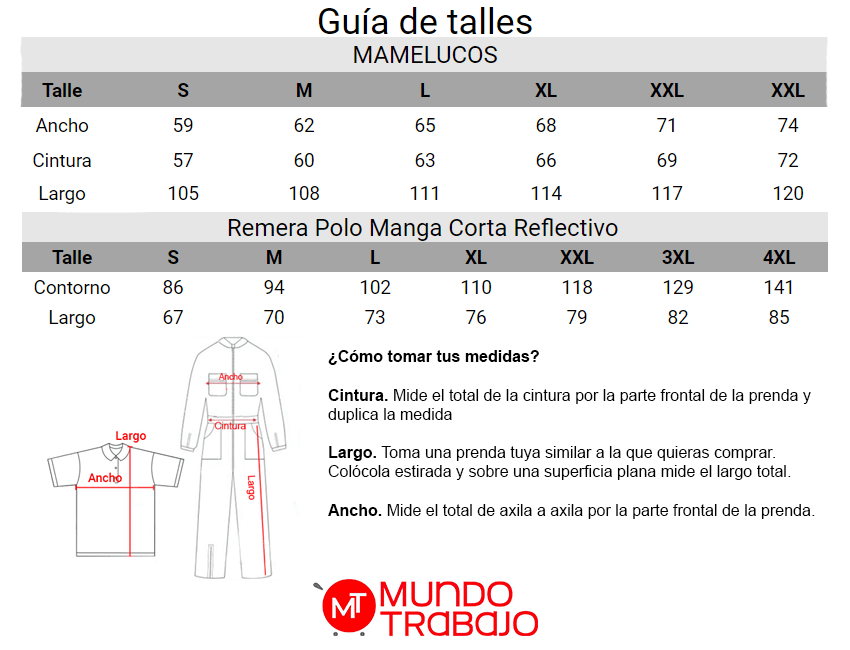 Guía de talles Mameluco Y Remera Reflectivo Alta Visibilidad
 