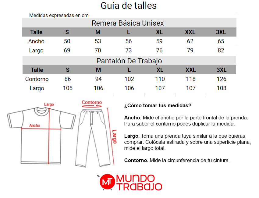 Guía de talles Pantalón de Trabajo + Remera Classic + Zapatos