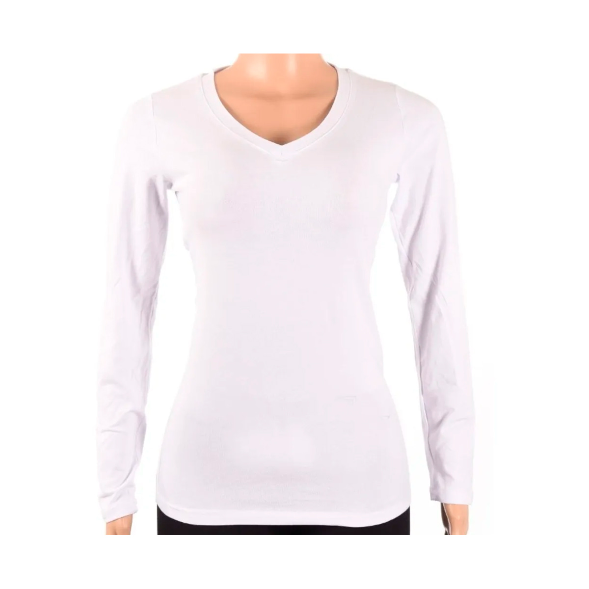 Camiseta básica de algodón de manga larga con cuello en V para mujer
