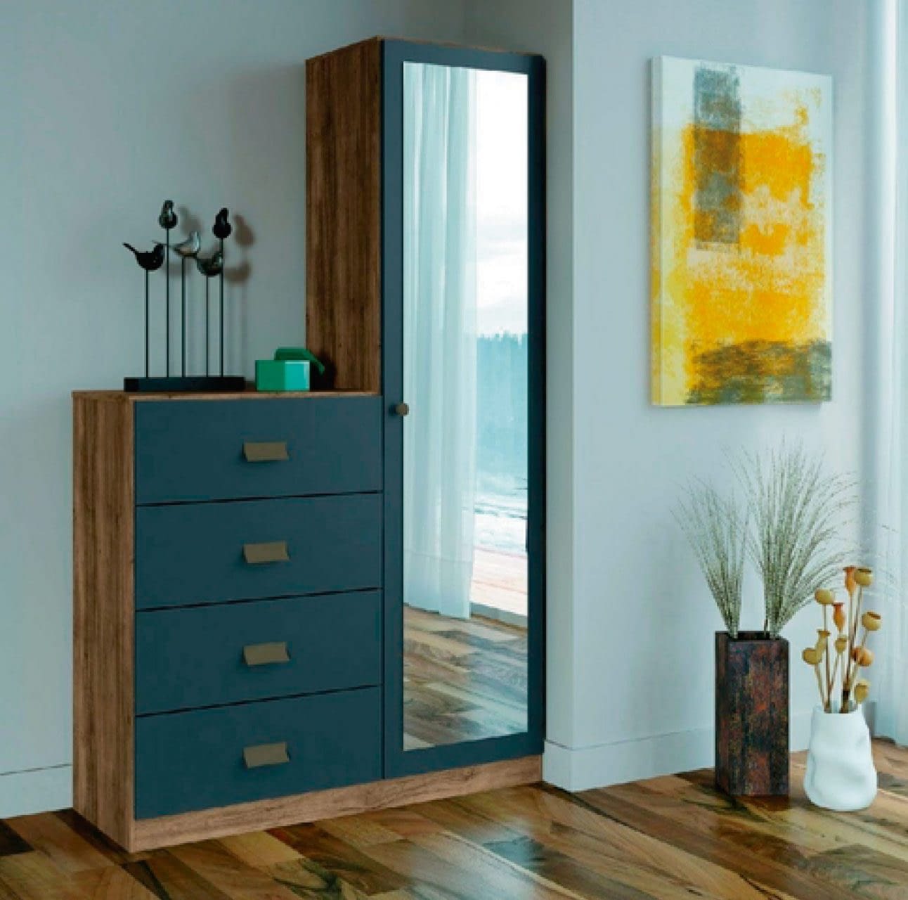 Comoda 4 Cajones 1 Puerta Con Espejo Cajonera Dormitorio Lais Muebles