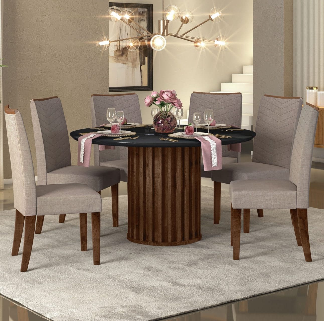 Juego De Comedor 6 Sillas Mesa Redonda Sillas Tapizadas - Lais Muebles